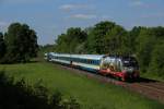 ARRIVA 183 001  Adler  zieht am 17.05.12 einen ALEX aus Regensburg nach Mnchen Hbf.
Hier bei Feldmoching.