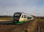 Der VT 21 der Vogtlandbahn und ein Weiterer am 02.04.2010 unterwegs bei Zeitlarn. 