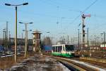 Am 25.2.2011 erreicht der VT31 der Vogtlandbahn Zwickau Hbf. Der Zug kommt aus Kraslice und fhrt nach kurzem Aufenthalt weiter ins Zentrum von Zwickau. Im Hintergrund das imposante Stellwerk B7.