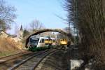 Die Überreste der Brücke in Ruppertsgrün durchfährt am 20.03.2012 VT23 der VBG, als 20968, auf der Fahrt nach Zwickau. Diese Brücke wurde wegen der Elektrifizierung zw. Reichenbach und Hof abgerissen.