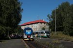 Auf der Rückfahrt nach Cheb kreuzt VT08, als ZOs36083, mit 844 018, als Os17208, im Bf As. 17.08.2013, Egronet-Erkundungstour Tag 2 