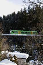 Am 13.02.2019 überquert der Waldbahn-650 650 die Große Ohe in Spiegelau