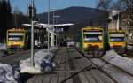 Stadler Regio-Shuttle RS1 der Bayerischen Waldbahn im Bahnhof Zwiesel, von links n.