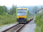 Waldbahn Trio bestehend aus VT28,VT?? und VT18 nach Plattling fhrt am 01.06.2013 aus Gotteszell aus.