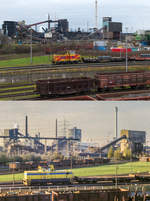 Zwei Bilder, eine Situation, dreißig Jahre Unterschied. Am 23. Dezember 2013 (im Juni 1983) rangiert EH Lok 762 (05) eine Reihe Flachwagen auf dem Gelände der Hüttenwerke Krupp-Mannesmann (Mannesmann Hüttenwerke) in Duisburg. Diese beiden Bilder, die einzeln schon seit Anfang 2014 eingestellt sind, wollte ich nochmal auf diese Weise zeigen, um einen direkten Vergleich zu ermöglichen. Lediglich die Hausfarben der EH haben sich geändert. 2013 sind sie gelb und rot, 1983 warenes gelb und blau. 