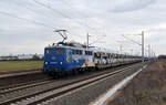 140 848 der EVB führte am 20.02.19 einen BLG-Autozug durch Rodleben Richtung Magdeburg.