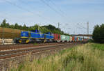 275 104-8 und 275 102-2 der evb Logistik in Doppeltraktion und einem Containerzug kommend aus Richtung Hamburg. Höhe Bardowick, 18.06.2019.