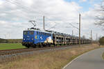 140 848 der evb führte am 03.04.22 einen BLG-Autozug durch Wittenberg-Labetz Richtung Dessau.