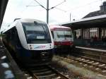 2 EVB-Triebwagen in Bremerhaven Hbf. Der LINT fuhr nach Cuxhaven und der 628er nach Buxtehude. Aufgenommen am 16.07.08