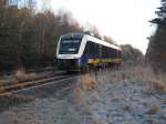 Am 06.01.2009 um 9:50 Uhr auf der KBS 125: ein Triebzug der BR 648 LINT 41 in Einzeltraktion der EVB fhrt aus Richtung Cuxhaven in den Bahnhof Nordholz ein