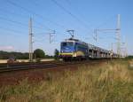 140 866-5 der EVB/MWB mit Autotransportzug aus Richtung Seelze kommend. Aufgenommen am 23.07.2014 bei Dedensen-Gümmer. 