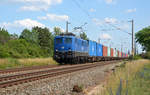 140 037 der EGP schleppte am 18.06.19 einen Containerzug durch Greppin Richtung Dessau.