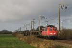 140 876-4 (Baujahr: 1973) der Eisenbahngesellschaft Potsdam mbH mit einem Güterzug in die Richting Leer bei Petkum am 12-11-2015.