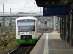 Der VT 320 der Erfurter Bahn steht am 28.04.2013 im Hofer Hauptbahnhof. 
Er kam aus Gera. 