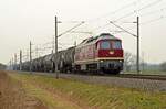 132 293 der EBS führte am 23.02.23 einen Kesselwagenzug durch Braschwitz Richtung Magdeburg.