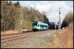 Zu Corona Zeiten reicht zumeist ein kurzer Zug auf der RB 66 zwischen Osnabrück und Münster. Hier erreicht der Eurobahn Dreiteiler ET 8.01 auf der Fahrt von Osnabrück nach Münster am 13.04.2021 um 10.29 Uhr den Haltepunkt Natrup Hagen.