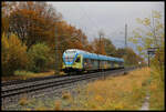 Bei den Herbstfarben fallen die Sprayer Aktivitäten kaum auf. Arg zugesprayt fährt hier am 15.11.2023 um 14.33 Uhr der Eurobahn ET 9.03 auf der Fahrt nach Münster in Natrup-Hagen ein.