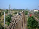 Auf einem der Abstellgleise im Rangierabteil des bahnhofs Bitterfeld steht am 07.08.08 dieser Triebwagen der Eurobahn und wartet auf Streckenfreigabe.