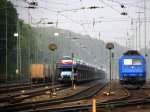 185 525-3 von Crossrail steht in Aachen-West bei Regen und Sonne am 26.8.2012.