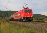 185 582-4 mit Kesselwagenzug in Richtung Süden. Aufgenommen am 28.09.2014 zwischen Mecklar und Ludwigsau-Friedlos.