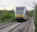 Eschwege-Niederhone. Einfahrt des HLB GTW 508 102 der fr die Cantus-Bahn als R1/7 unterwegs ist. Aufgenommen am 03.05.2012.