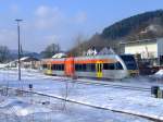 Die Hellertalbahn mit einem Stadler GTW 2/6 kommt von Dillenburg und fhrt in den Bahnhof Herdorf am 16.02.2010.