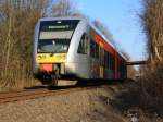 GTW 2/6 der Hellertalbahn am 03.03.2011 in Herdorf kurz hinter der Brcke Glockenfeld (Richtung Betzdorf).