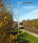 Auch der Frhling ist im Hellertal angekommen:    Ein Stadler GTW 2/6 der Hellertalbahn fhrt am 18.04.2013, nach dem Halt am Bahnhof Herdorf, weiter in Richtung Betzdorf/Sieg.