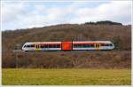 Ein Stadler GTW 2/6 der Hellertalbahn fährt am 23.02.2014 als RB 96  Hellertalbahn  die Verbindung Neunkirchen - Herdorf - Betzdorf/Sieg, hier kurz vor dem Hp Herdorf-Sassenroth.