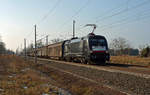 182 528 führte am 10.02.18 im Auftrag von TX Logistik den Papierzug nach Rostock-Seehafen durch Brehna Richtung Bitterfeld.