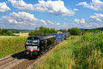 193 651 MRCE/WLC mit einem Containerzug im Gegengleis zur fliegenden Überholung durch den ICE aus Wien bei Parsberg Richtung Nürnberg, 20.07.2020