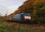 189 281 (ES 64 F4-281) mit Bayernhafen-Werbung bespannte am 31.10.2014 einen ARS-Autotransportzug aus Richtung Norden kommend.