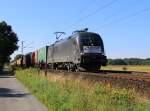 182 537 (ES 64 U2-037) mit Containerzug in Fahrtrichtung Norden. Aufgenommen bei Eystrup am 23.07.2014.