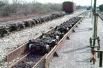 Rollwagen an der ehemaligen Umsetzanlage von den Normalspurgleisen der DB auf die 1.000-mm-Gleise der OEG in Heidelberg-Bergheim im Jahr 1980