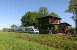 Ostseelandverkehr Triebwagen 703 fhrt von Zarrentin wieder zurck nach Hagenow Stadt hier im Bf. Bobzin vorbei. 29.04.2007