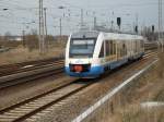 OLA-Triebwagen 701 verlt am 08.April 2009 den Bahnhof Bergen/Rgen in Richtung Lauterbach Mole.