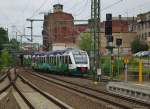 Ausfahrt eines OLA Triebzuges aus dem Bahnhof Schwerin mit dem Ziel Crivitz. Aufgenommen am 08.08.2010.