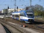 Ausfahrt nach Neustrelitz fr OLA-Triebwagen 0010,am 23.April 2011,aus Stralsund.