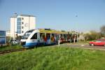 05.05.2006 vom Haltepunkt Schwerin Lankow fhrt OLA mit der BUGA-Werbung von Gadebusch kommend nach Parchim 