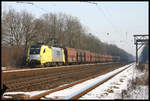 Dispo Taurus ES64U2-026 fährt hier mit dem Kohlependel am 5.3.2005 in Richtung Ruhrgebiet durch den Bahnhof Natrup Hagen.