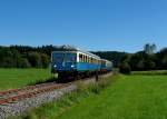 VS 28 + VT 07 der Wanderbahn von Gotteszell nach Viechtach am 19.08.2012 unterwegs bei Furthof.