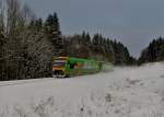 VT 25 + VT 27 der Waldbahn nach Plattling am 12.12.12 im tief verschneiten Bayerischen Wald bei Auerbach.