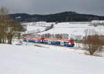 650 565 (VT 65) + 650 563 (VT 63) als RB nach Bayerisch Eisenstein am 10.02.2013 bei Triefenried.