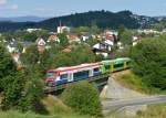 650 565 (VT 65) + 650 662 (VT 27) bei einer berfhrungsfahrt nach Zwiesel am 17.08.2013 bei Regen.