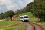 VT08 der Regentalbahn befuhr im Rahmen einer Fotosonderfahrt am 27.09.2014 die Strecke von Viechtach nach Gotteszell.