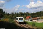 VT08 der Regentalbahn befuhr im Rahmen einer Fotosonderfahrt am 27.09.2014 die Strecke von Viechtach nach Gotteszell. Aufgenommen bei Teisnach