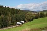 VT08 der Regentalbahn befuhr im Rahmen einer Fotosonderfahrt am 27.09.2014 die Strecke von Viechtach nach Gotteszell.