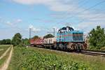 Am Nachmittag des 25.05.2020 überführte die SWEG V102 (575 002-7) drei Flachwagen mit schweren Bauteile aus Beton von Freiburg (Brsg) Rbf nach Neuenburg (Baden), als sie bei Buggingen