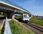 SWEG-Triebwagen unterquert die neue Straenbrcke in Gottenheim, Aug.2013