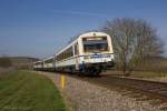 Steuerwagen VS 204, der letzte planmäßig eingesetzte NE81 der SWEG im alten Farbkleid, war am 09.03.2016 mit VT 129 und 128 als SWE74216 auf dem Weg nach Riegel und konnte kurz nach dem